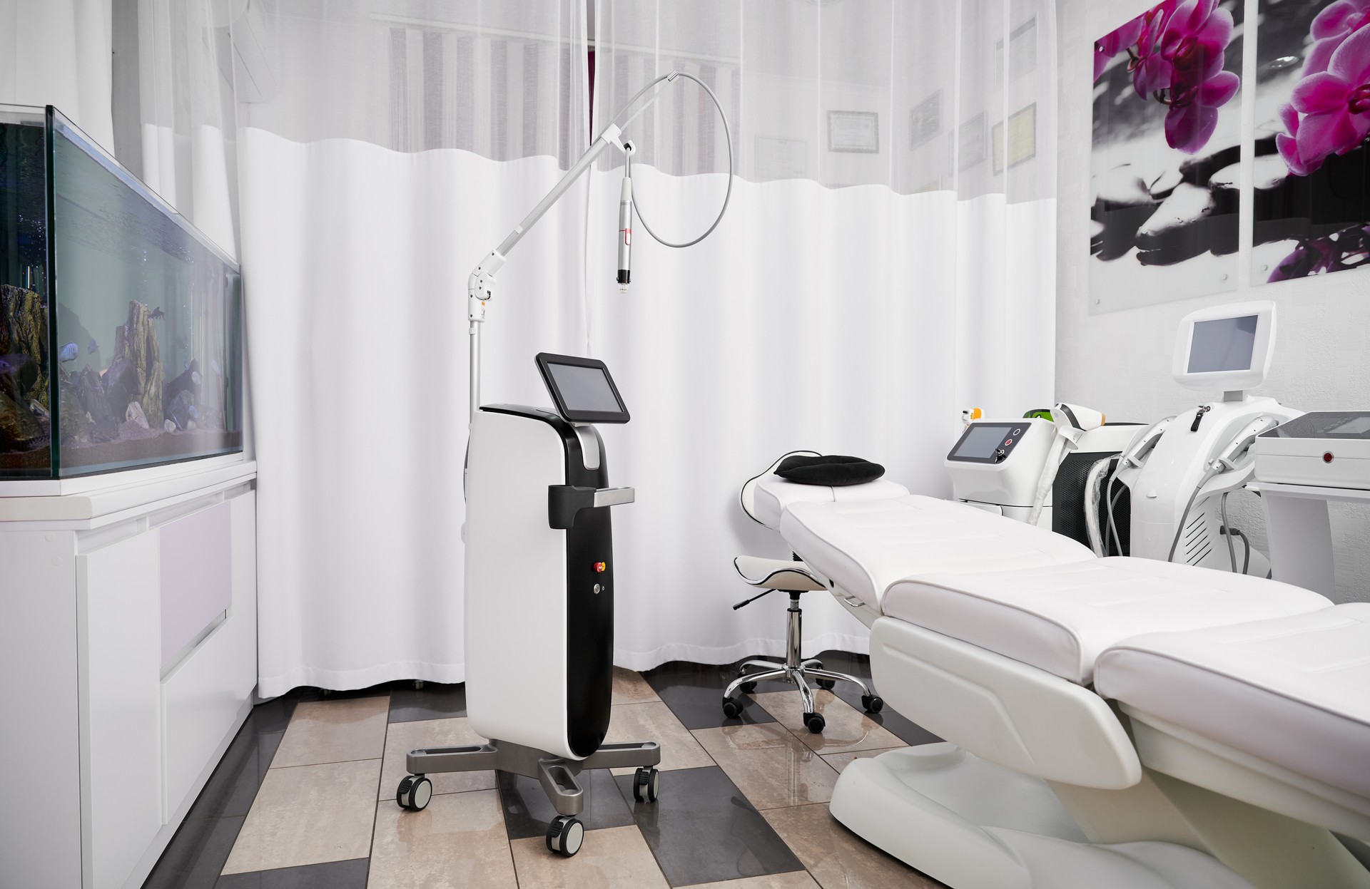 Professional cosmetology equipment and medical chair in beauty clinic.